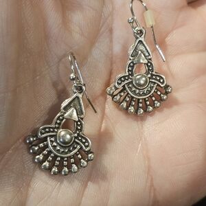 Boho Fan Earrings, Antique Silver Tone Tribal Style Dangle Earrings,